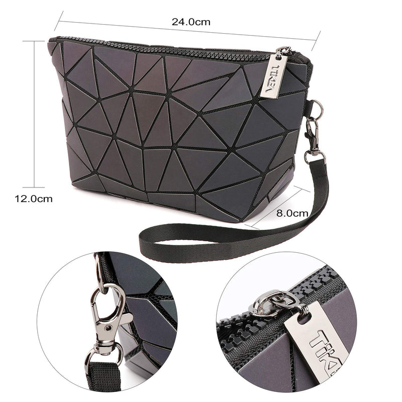 [Australia] - Tikea Cosmetic Bag - Small Makeup Pouch Geometric Luminous Foldable Clutch Fashion Toiletry Beauty Bag Travel Cosmetic Wristlets, Holographic and Reflective Clutch Bag Luminous 