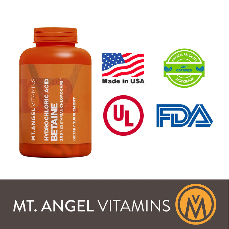 [Australia] - Mt. Angel Vitamins - Hydrochloric Acid Betaine, Supports Healthy Digestion & Gastric Juices (200 Vegetarian Chlorocaps) 200 Count (Pack of 1) 
