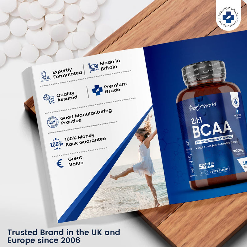 [Australia] - BCAA Tablets 1000mg - 180 Tablets (3 Months Supply) - 2:1:1 Branched Chain Amino Acid Supplement - Pre Workout Supplement for Men & Women - Vegan BCAA Supplement with Vitamins B6 & B12 - UK Made 