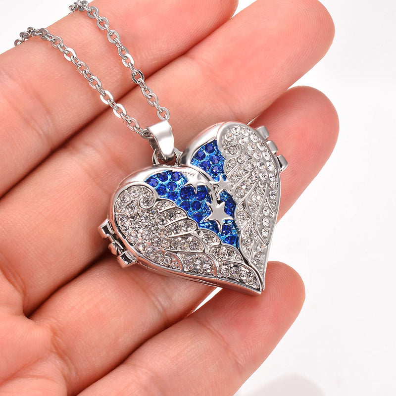 [Australia] - Heart Crystal Urn Necklace for Ashes A Piece Of My Heart Lives In Heaven Cremation Jewelry Angel Wings Memorial Keepsake Pendant Blue 