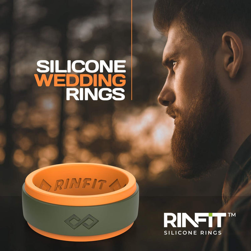 [Australia] - Rinfit Silicone Wedding Ring for Men, 1/3/4/7 Rings Packs, Step Edge Design Silicon Rubber Mens Wedding Band Sizes 7-14 Black & Army Green 