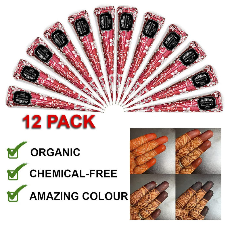 [Australia] - 12 Individual Cones 100% Organic Henna Mehindi Cones Ready To Use. No Chemicals, No Dyes Guaranteed Colour 