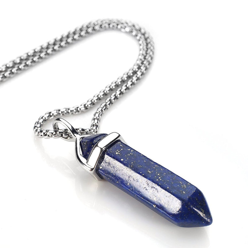 [Australia] - BEADNOVA Gemstone Crystal Necklace for Women Healing Stone Pendant Jewelry for Men Pendulum Divination Energy Healing Hexagonal Pendent (18 Inches Stainless Steel Chain) 1) Synthetic Lapis Lazuli 