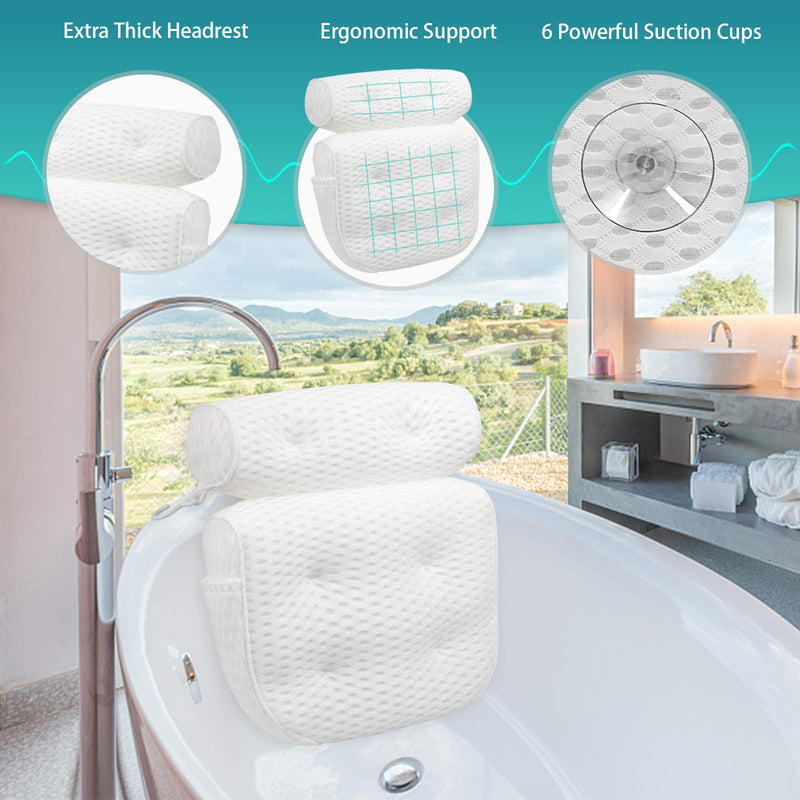 [Australia] - Bath Pillow for Tub, 4D Air Mesh Bathtub Spa Pillow with Side Pocket for Accessories, Luxury Bath Pillow Support Head, Neck, Shoulder, Back for All Bathtub, Hot Tub, Jacuzzi White Bath Pillow 