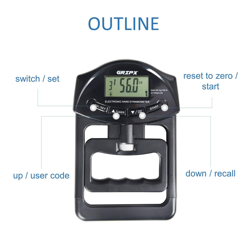 [Australia] - GRIPX Digital Hand Dynamometer Grip Strength Measurement Meter Auto Capturing Electronic Hand Grip Power 198Lbs / 90Kgs Black 