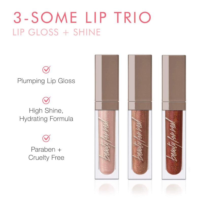 [Australia] - Beauty For Real 3-Some Lip Trio, Rock & Rose - Includes Lip Gloss + Shine in Starlust, Dream On & Rebel Rebel - Non-Sticky Plumping & Hydrating Gloss - LED Light & Mirror in Cap ROCK + ROSE 