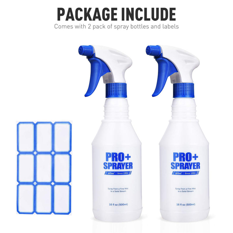 [Australia] - Airbee Plastic Spray Bottle 2 Pack 16 Oz, Professional Heavy Duty Empty Spraying Bottles Sprayer Cleaning Solutions, Mist Water Bottles for Planting Pet with Adjustable Nozzle and Measurements 