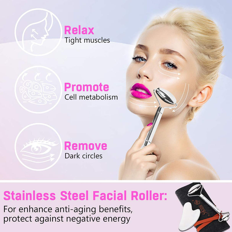 [Australia] - 9Oine Face Roller and Gua Sha Set - Stainless steel Mini Facial Roller set, Best Beauty Skin Roller Massager for Wrinkles, Anti Aging Facial Roller - Authentic, Durable, Noiseless Design 