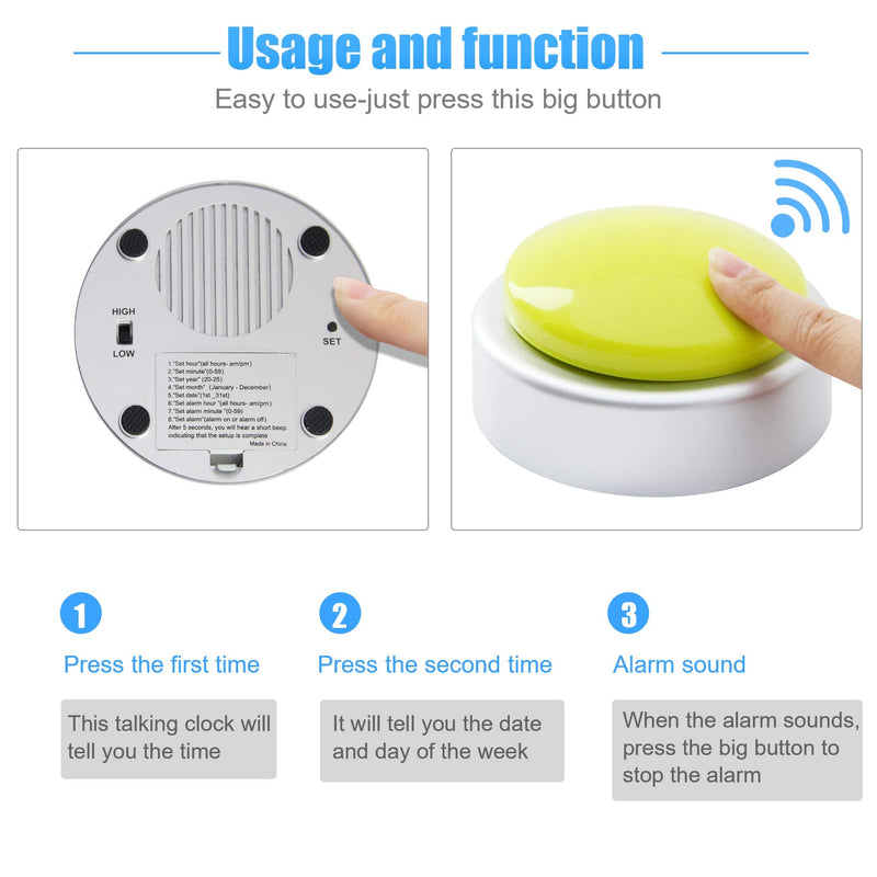 [Australia] - Extra Large Button Talking Alarm Clock with Volume Control - Speaks The Time, Date and Day - Perfect for The Blind, Elderly or Visually Impaired - Includes Batteries (Yellow and Silver) Yellow and Silver 
