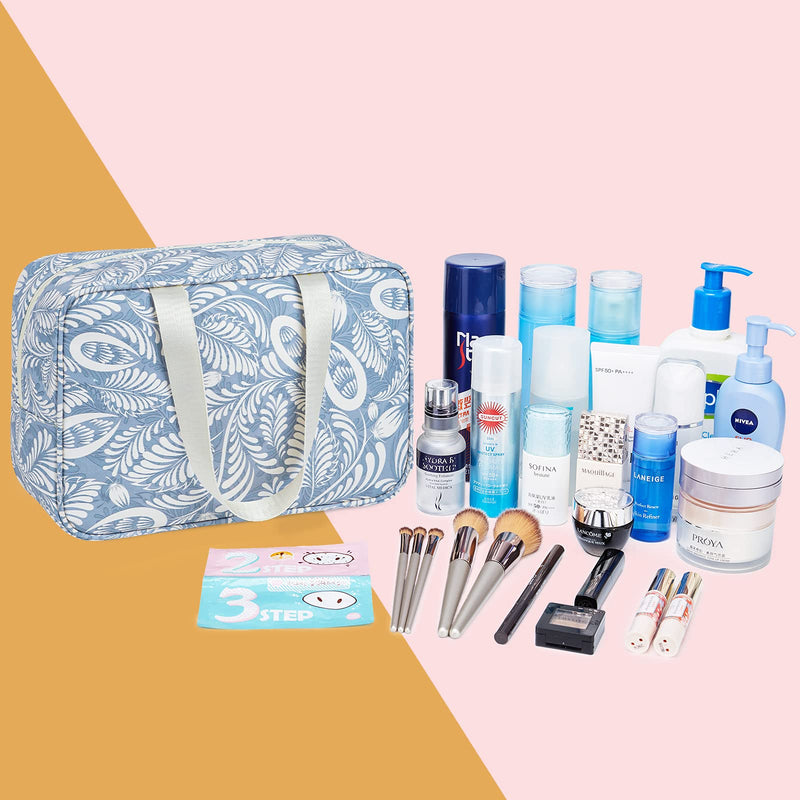 [Australia] - Full Size Toiletry Bag Large Cosmetic Bag Travel Makeup Bag Organizer for Women and Girls (Blue Leaf) A-blue Leaf 