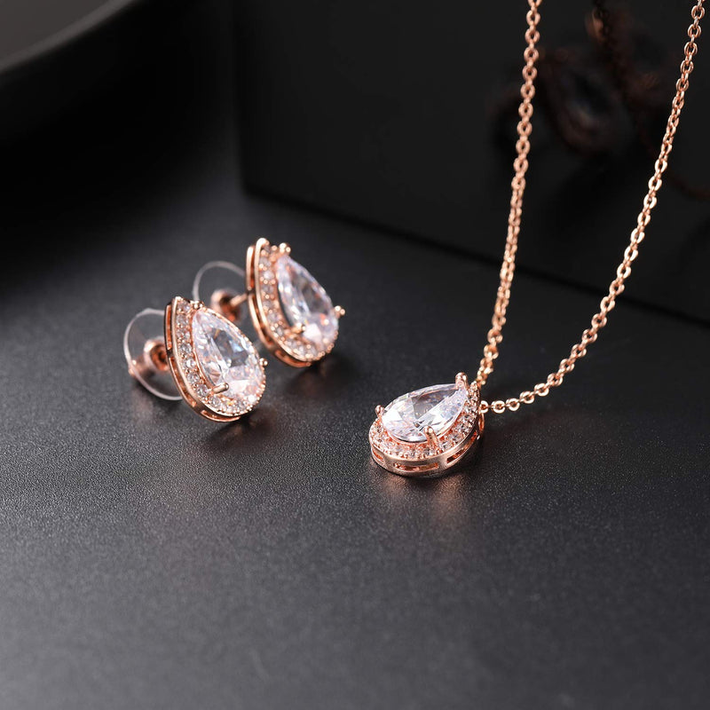 [Australia] - CZ Teardrop Necklace and Stud Earrings Set 14K White Gold Plated Wedding Jewelry for Bridal Rose Gold 