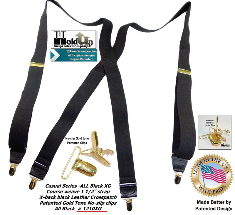 [Australia] - Hold-Ups 1 1/2" All Black Casual Series Suspenders in X-back Gold No-slip Clips 