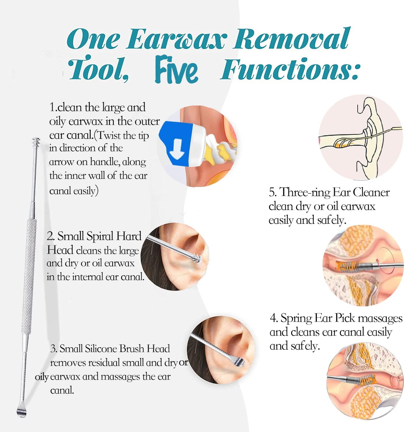 Ear wax Remover With Ear wax Removal Aid & 8 Replacement Heads Included 4  Reusable Micro-Bristles and 4 Silicone Q-grip Heads, 4PCS Ear Picker