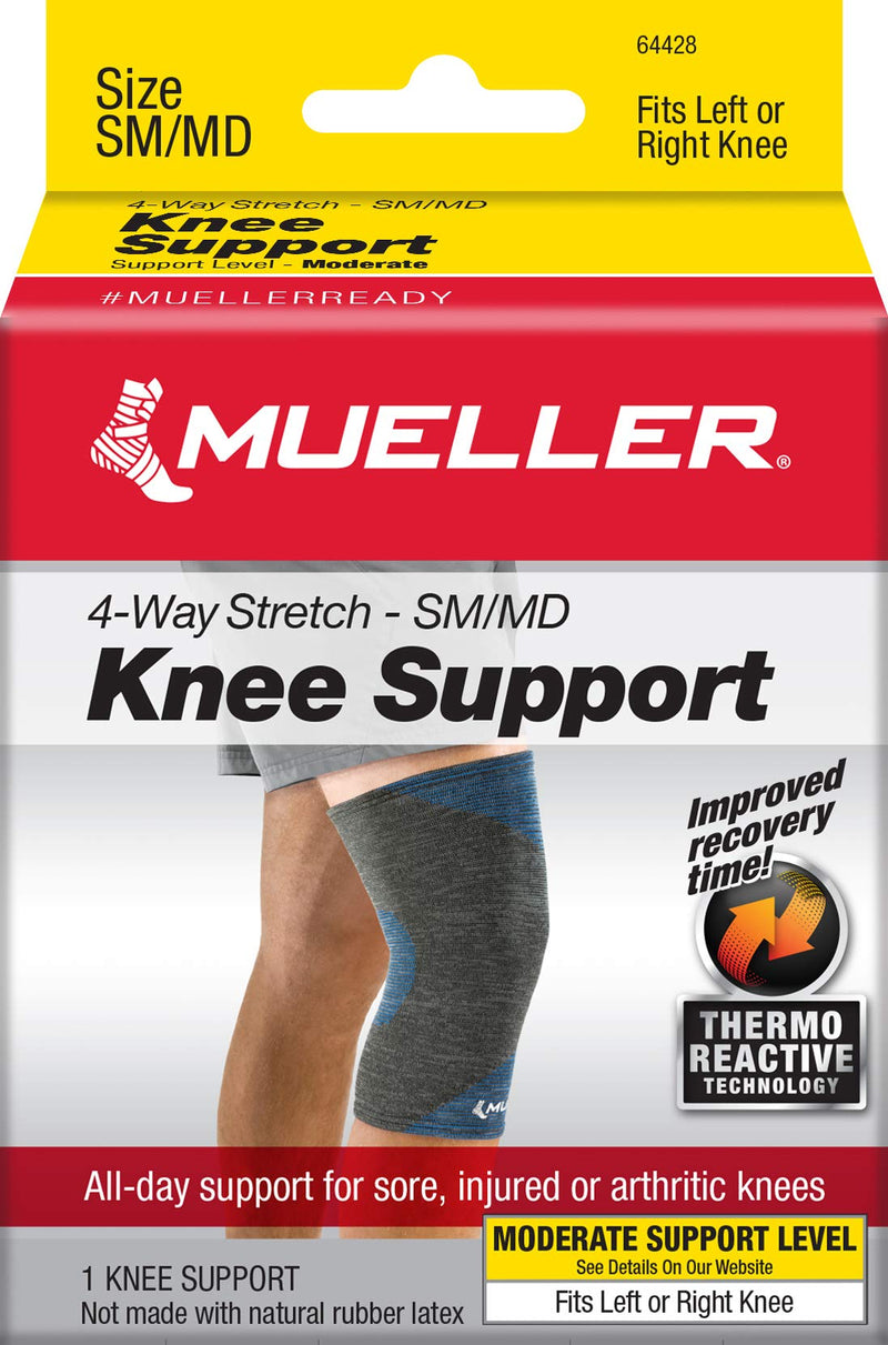 [Australia] - Mueller Sports Medicine FIR 4-Way Knee Support Sleeve, For Men and Women, Gray/Blue, S/M Small/Medium (Pack of 1) 