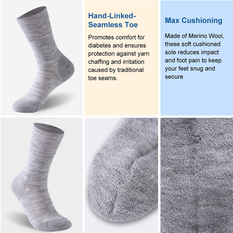 [Australia] - Facool Diabetic Socks for Men Women, Merino Wool Non-Binding Top Crew Socks with Cushion Sole, Seamless Toe 3 Pairs Light Grey X 3 Medium 