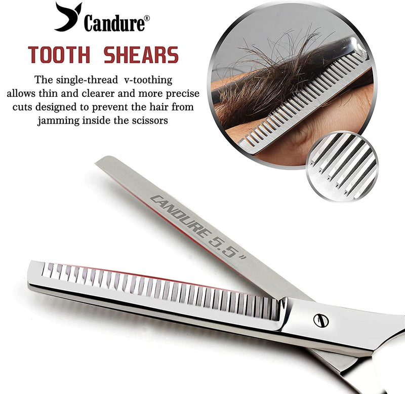 [Australia] - Candure Hairdressing Scissor Hairdresser thinning Scissor Set - 5.5 Inch Hair Cutting and Hair Scissor with Comb and Pouch - for Men, Women, Children and Professional Barbers 2 Count (Pack of 1) Silver 