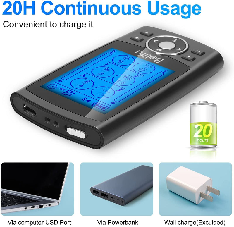 [Australia] - Belifu Dual Channel TENS EMS Unit 24 Modes Muscle Stimulator for Pain Relief Therapy, Electronic Pulse Massager Muscle Massager with 10 Pads, Dust-Proof Drawstring Storage Bag，Fastening Cable Ties… Black 