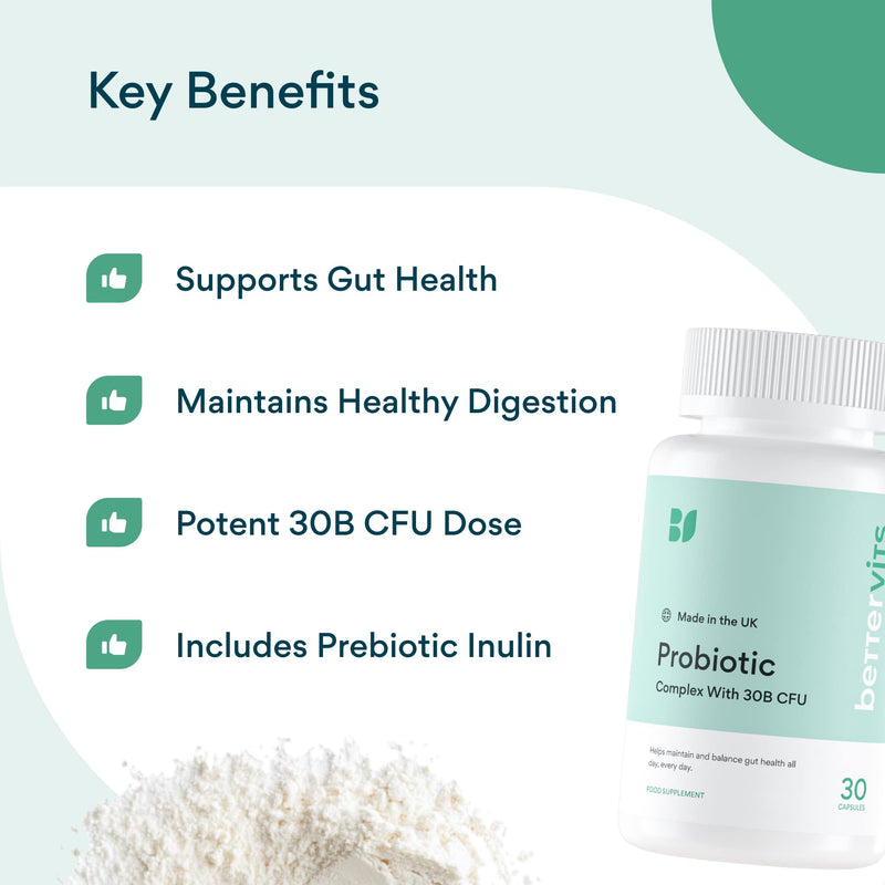 [Australia] - BetterVits Probiotic Complex | 30B CFU | Gut Health | Digestion | Bloating | IBS | with Prebiotic 