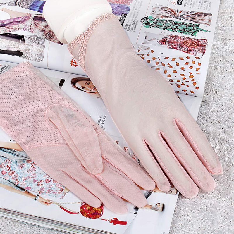 [Australia] - Women's Lace Gloves Sun Uv Protection Driving Gloves Touch Screen Cotton Anti-skid Gloves One Size Beige Lace New 