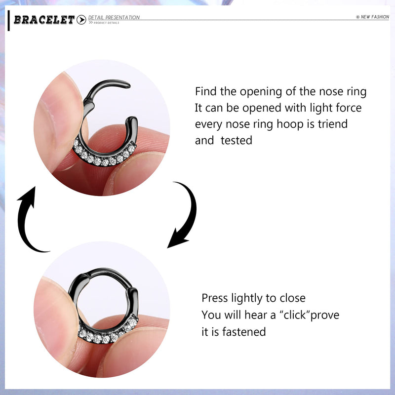 [Australia] - Drperfect 9PCS 16G Septum Rings Opal Daith Earrings Hoop Nose Rings 316L Stainless Steel CZ Cartilage Helix Tragus Earrings Septum Clicker Piercing Jewerly… Black 8.0 Millimeters 