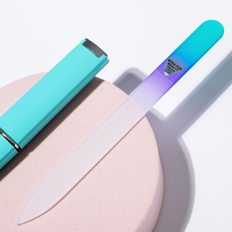 [Australia] - Glass Nail File with Case, Czech Glass Fingernail Files, Manicure Nail File for Natural Nails, Expert Precision Filing + Smooth Finish - Bona Fide Beauty Pastel Premium Nail Filer Pastel Aqua/Violet 