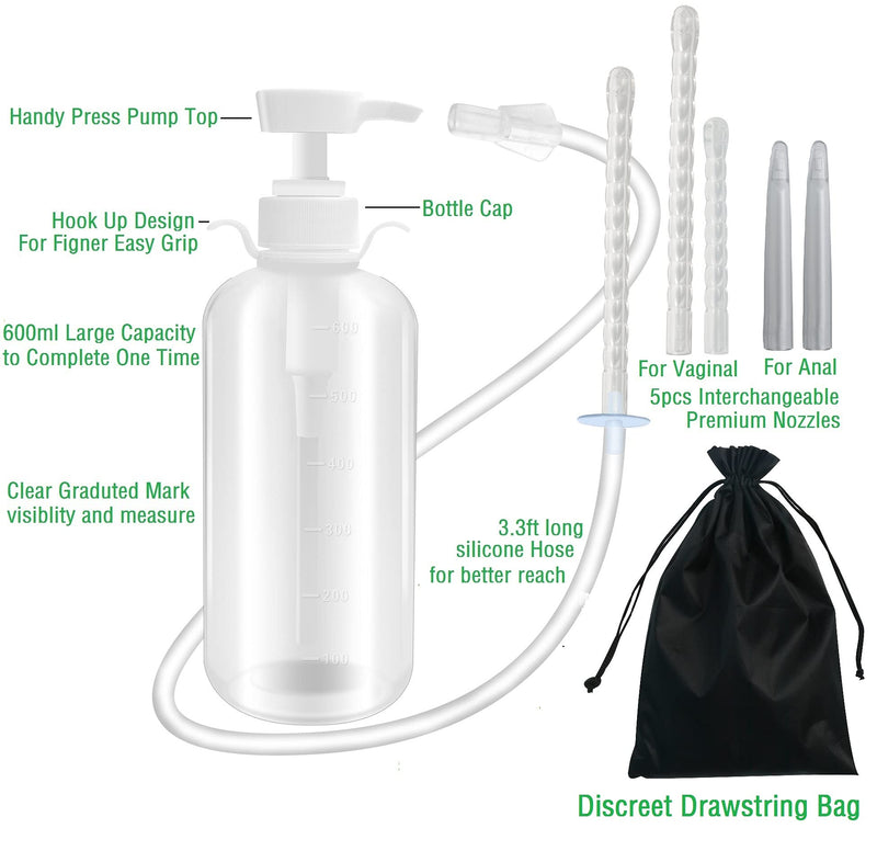 [Australia] - 600ml Feminine Wash Enema Pump Bottle Kit 5Pcs Enema Nozzle Tips for Coffee Colon Cleansing Men Women, Large Anal Vaginal Douche Flush Spray Irrigator Cleanser Enema Kit Bucket Portable Handy Pressure 