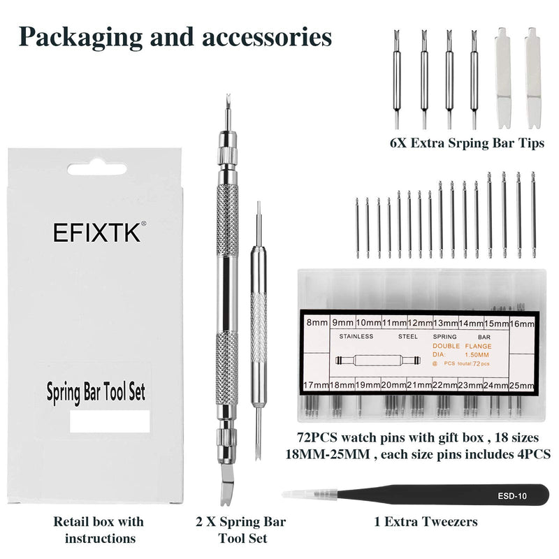 [Australia] - EFIXTK Spring Bar Tool Set with Extra 6 Tips Pins for Watch Wrist Bands Strap Removal Repair Fix Kit,72PCS Extra Watch Pins 