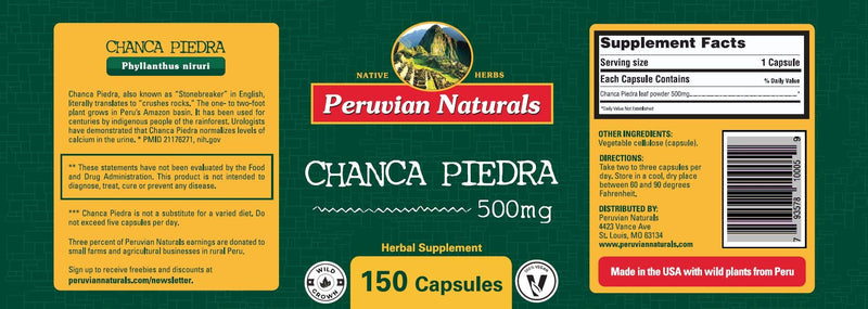 [Australia] - Peruvian Naturals Chanca Piedra Capsules “Stone Breaker” – Kidney Support Supplement - Pack of 150 - Vegan Pills, 100% Natural Chancapiedra Grown in Peru 