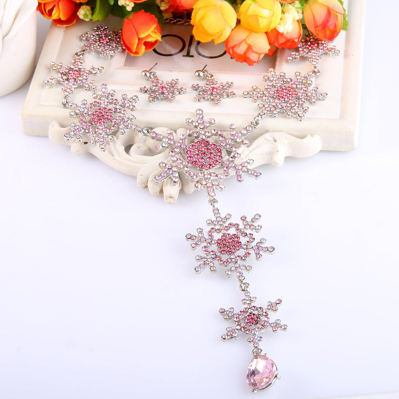 [Australia] - EVER FAITH Tear Drop Snowflake Necklace Earrings Set Austrian Crystal Pink Silver-Tone 