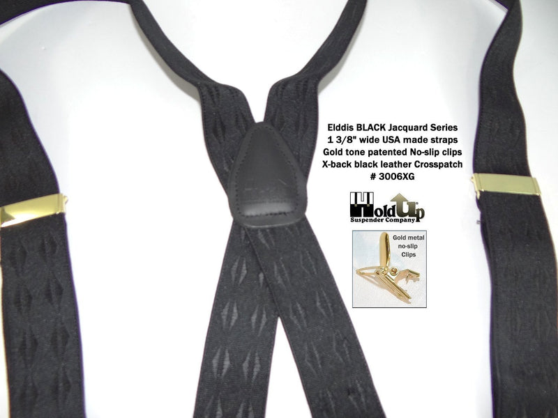 [Australia] - Holdup Jacquard Series Elddis Reverse Diamond pattern Black on Black Jacquard X-back Suspenders with Gold No-slip Clips 