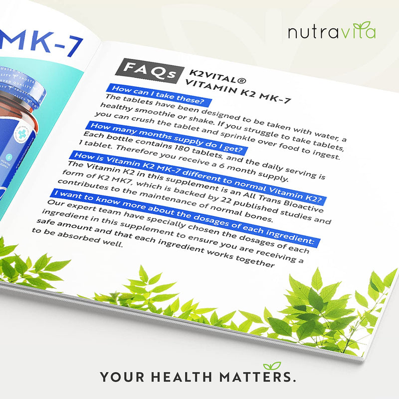 [Australia] - Vitamin K2 Vital® MK7 200mcg (Clinically Proven Ingredient) - 180 Vegan Micro Tablets (Not Capsules) - Maintenance of Normal Bones - High Strength Menaquinone MK7 - Made in The UK by Nutravita 