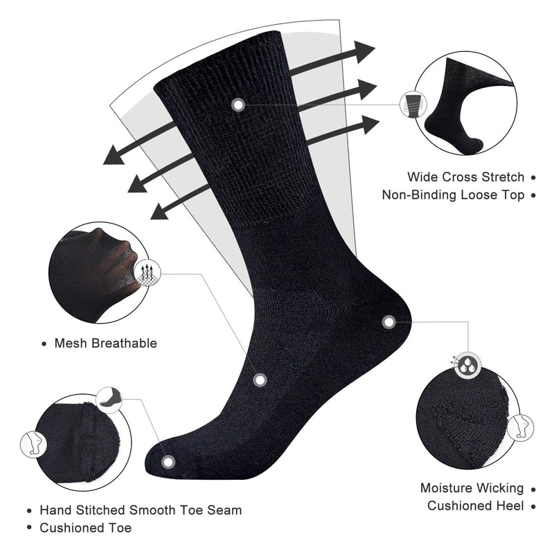 [Australia] - Busy Socks Non-Binding Top Diabetic Socks for Men Women, Thin Soft Crew Mid Calf Socks with Seamless Toe X-Large 4 Pairs Black 