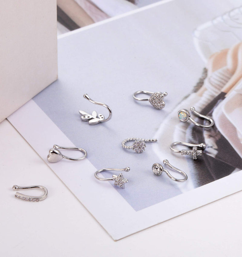 [Australia] - Masedy 9Pcs Fake Nose Rings Hoop Clip On Faux Setump Cartilage Tragus Ring Non Piercing Jewelry A: Silver 