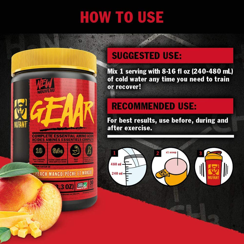 [Australia] - MUTANT GEAAR | 9.4g of EAA Powder + Arginine, 7g BCAAs, 4g Leucine, Electrolytes, Coconut Water, No Artificial Colours or Flavours | 30 Servings | Mango| 378g 