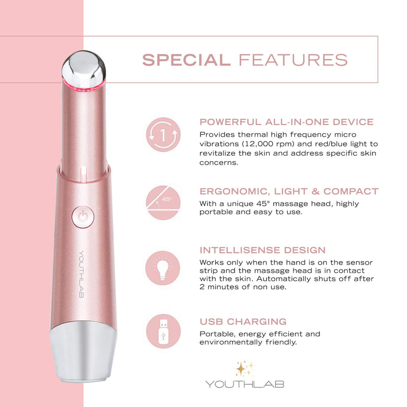 [Australia] - YOUTHLAB Eye & Face Massager Tool/Wand/Pen, Heated/Warm, Sonic Vibration, Anti Aging, Eye Fatigue Relief, Puffy Eyes/Dark Circles/Eye Bags, Boost Product Absorption, Lip Wrinkles Rose Gold 