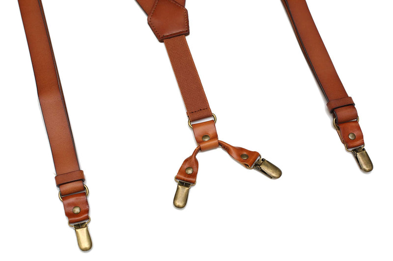 [Australia] - Leather Suspenders for Men Y Back Design Adjustable Suspender with 4 Metal Clips Groomsmen Gift Wedding Brown 