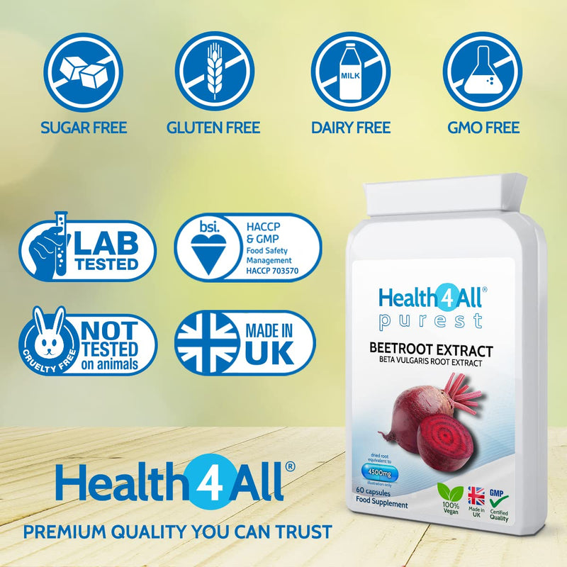 [Australia] - Beetroot Extract 4500mg 60 Capsules (V). (not Tablets) Purest: no additives Vegan Supplement standardised to nitrates Contents. Made in The UK by Health4All 60 Count (Pack of 1) 