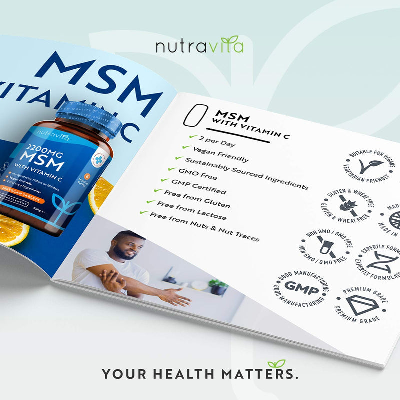 [Australia] - MSM 2200mg Tablets – 365 Vegan Tablets – Methylsulfonylmethane with 80mg Vitamin C – 6 Month Supply - Made in The UK by Nutravita 