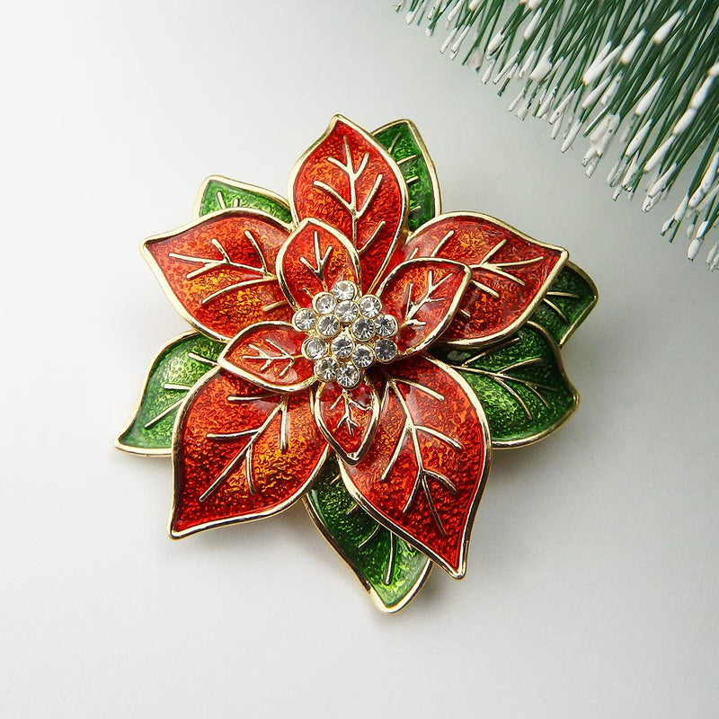 [Australia] - RareLove Big Size 2.2" Pretty Red Green Poinsettia Flower Christmas Pins and Brooches CZ Rhinestone Crystal Brooch Pin Gift For Women Girls Alloy Plated 