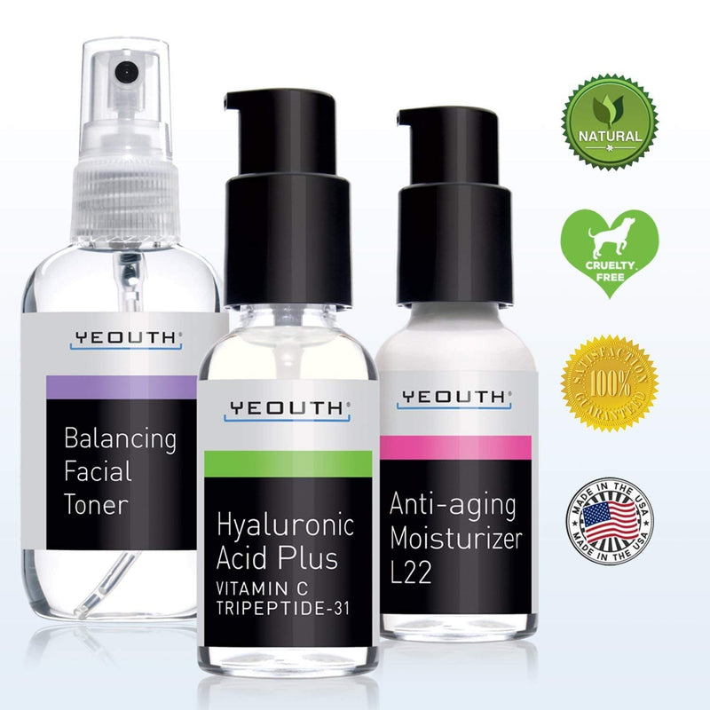 [Australia] - Best Anti Aging 3 Pack Skin Care System by YEOUTH, Professional Grade Hyaluronic Acid Serum, Patented L22 Face Moisturizer, and Balancing Face Toner - Anti Aging Serum Kit 