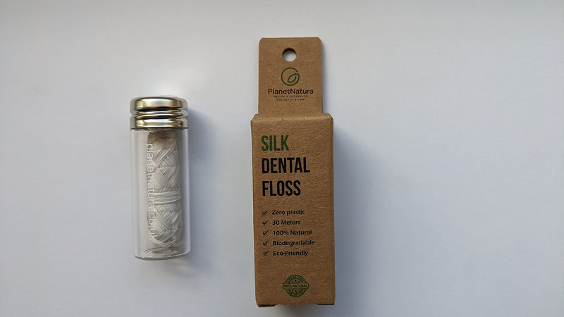 [Australia] - PlanetNatura Natural Silk Dental Floss, Recyclable Glass Container, Peppermint Flavor, 30 Meters, Plastic Free, Biodegradable, Natural 