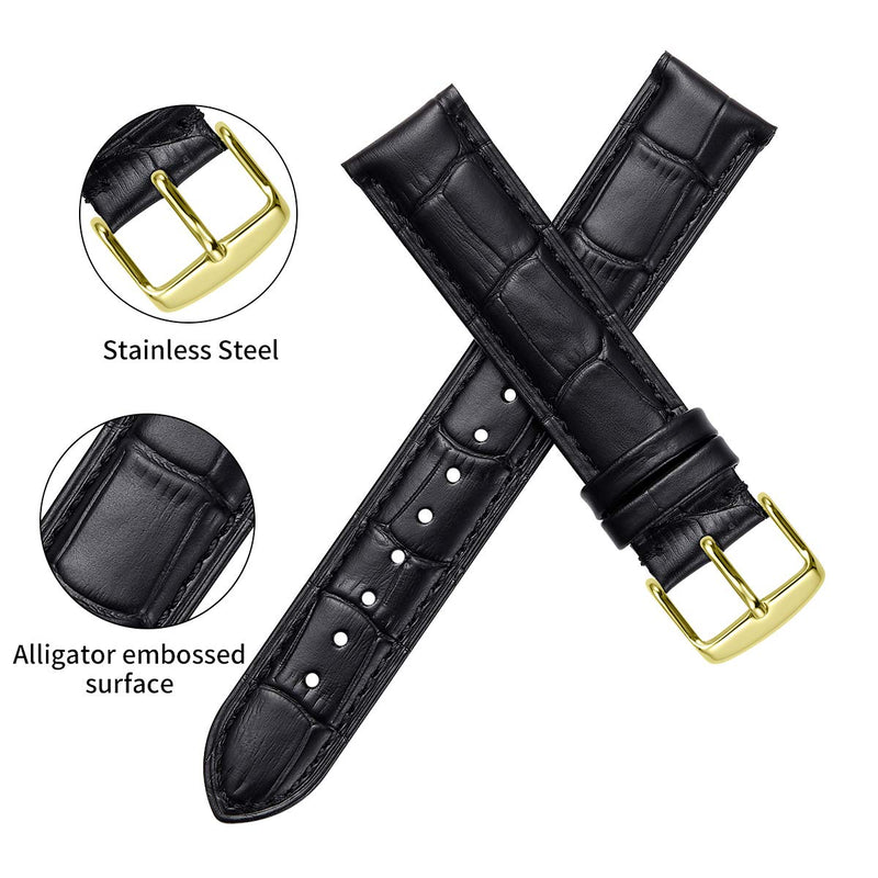 [Australia] - iStrap Leather Watch Band Alligator Grain Calfskin Replacement Strap Stainless Steel Buckle Bracelet for Men Women-18mm 19mm 20mm 21mm 22mm 24mm-Black Brown 18mm Black-Gold Buckle 