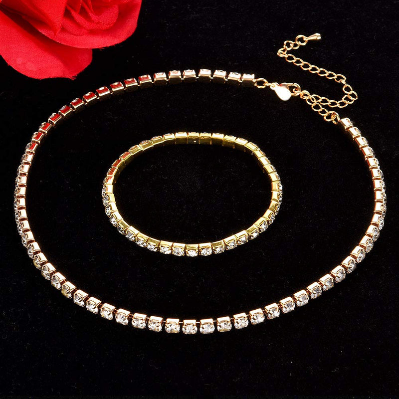 [Australia] - Zealmer Rhinestone Choker Necklace for Women 16k Gold Plated Gold 1 Row Necklace & Bracelet 