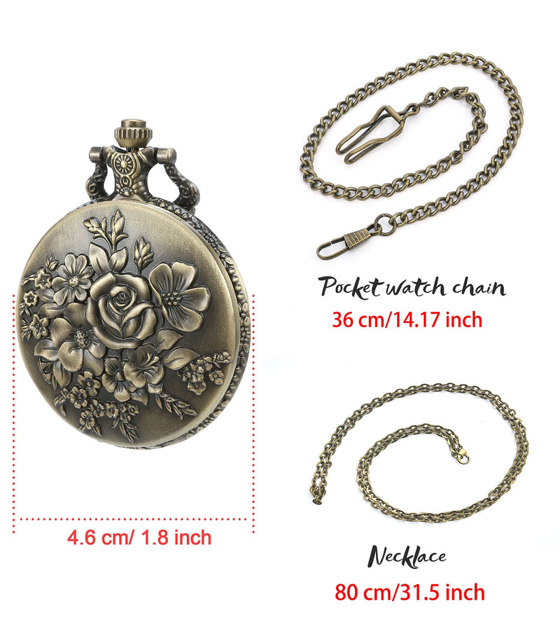 [Australia] - Flower Series Steampunk Pocket Watch Vintage Quartz Pocket Watch 14 in Chain with Box Bronze 