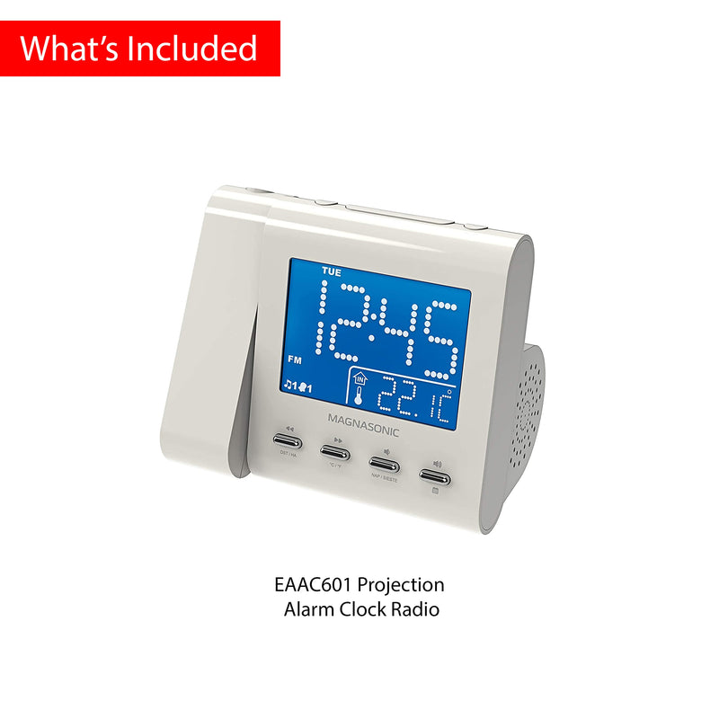 [Australia] - Magnasonic Projection Alarm Clock with AM/FM Radio, Battery Backup, Auto Time Set, Dual Alarm, Nap/Sleep Timer, Indoor Temperature/ Date Display with Dimming & 3.5mm Audio Input - White (EAAC601W) White Body 