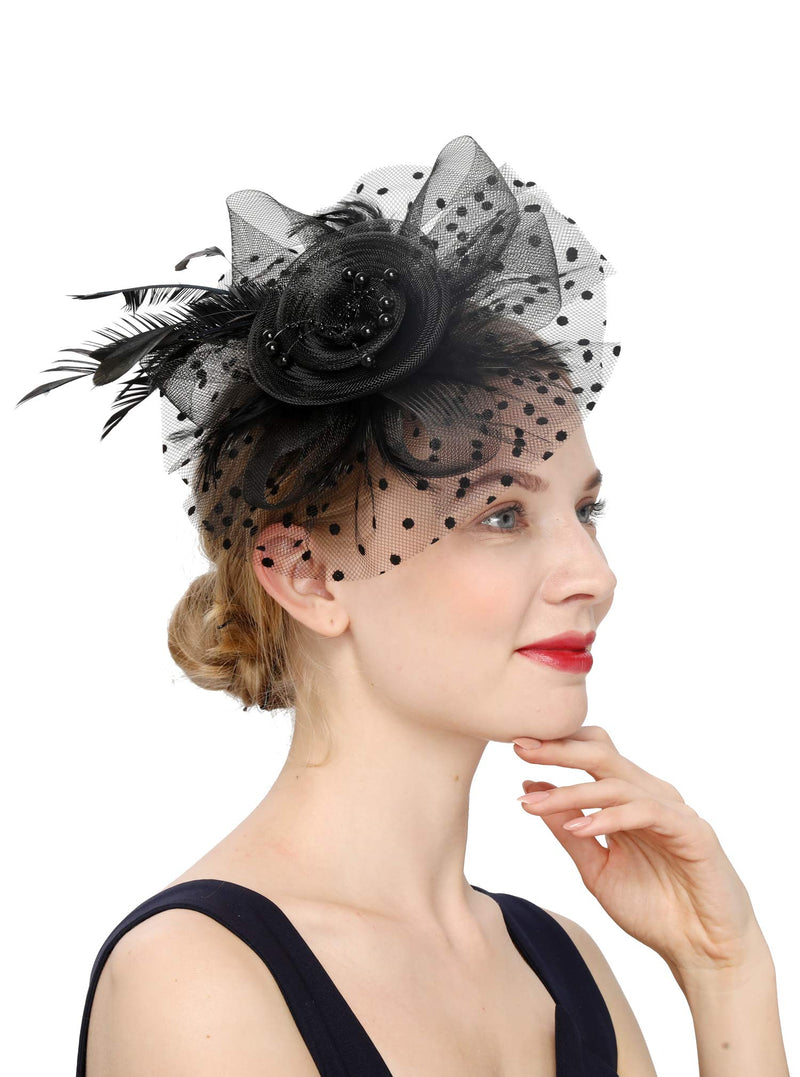 [Australia] - Fascinators Hat for Women Tea Party Headband Kentucky Derby Wedding Flower Cocktail Mesh Feathers Hair Clip 1-a-black 