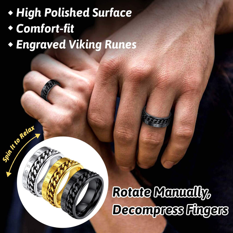 [Australia] - FaithHeart Norse Viking Runes Ring Stainless Steel/Gold Plated Rotatable Band Rings for Men Women- Can Personalized Engrave Rune & Cuban Chain-Black 7 