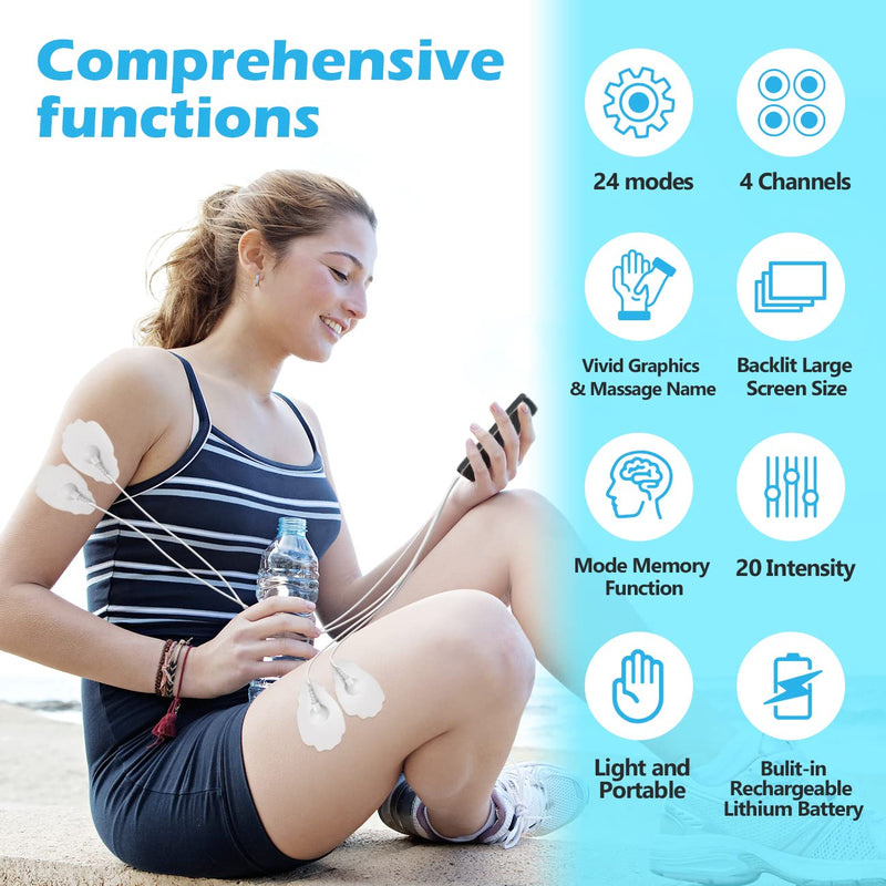 [Australia] - 4 Outputs TENS Unit Muscle Stimulator Machine: Easy@Home 24 Modes Rechargeable EMS Electric Pulse Massager | Electric TENS Machine - Pain Relief Therapy for Back Pain | Neck Pain | Muscle Pain-AS8011 