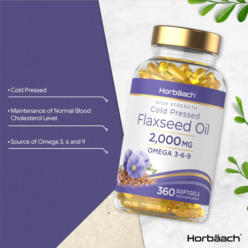 [Australia] - Flaxeed Oil Capsules 2,000mg | 360 Cold Pressed Liquid Softgels Omega 3-6-9 | High Strength ALA | by Horbaach 360 Count (Pack of 1) 