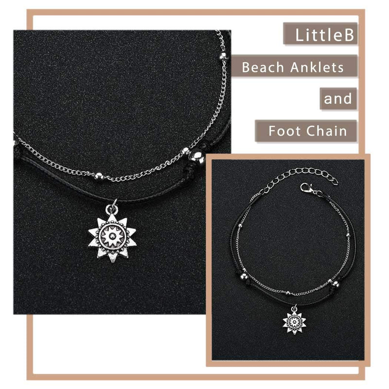 [Australia] - LittleB Layered Summer Sun Anklets Boho Rope Anklet Beads Ankle Bracelet Beach Foot Chain Jewelry for Women and Girls (Black) Black 